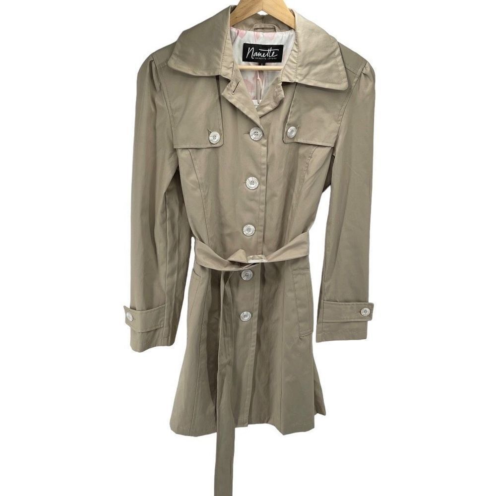 Nanette Lepore Trench Coat Big Button Up Single Breasted Tan Belted Small NEW